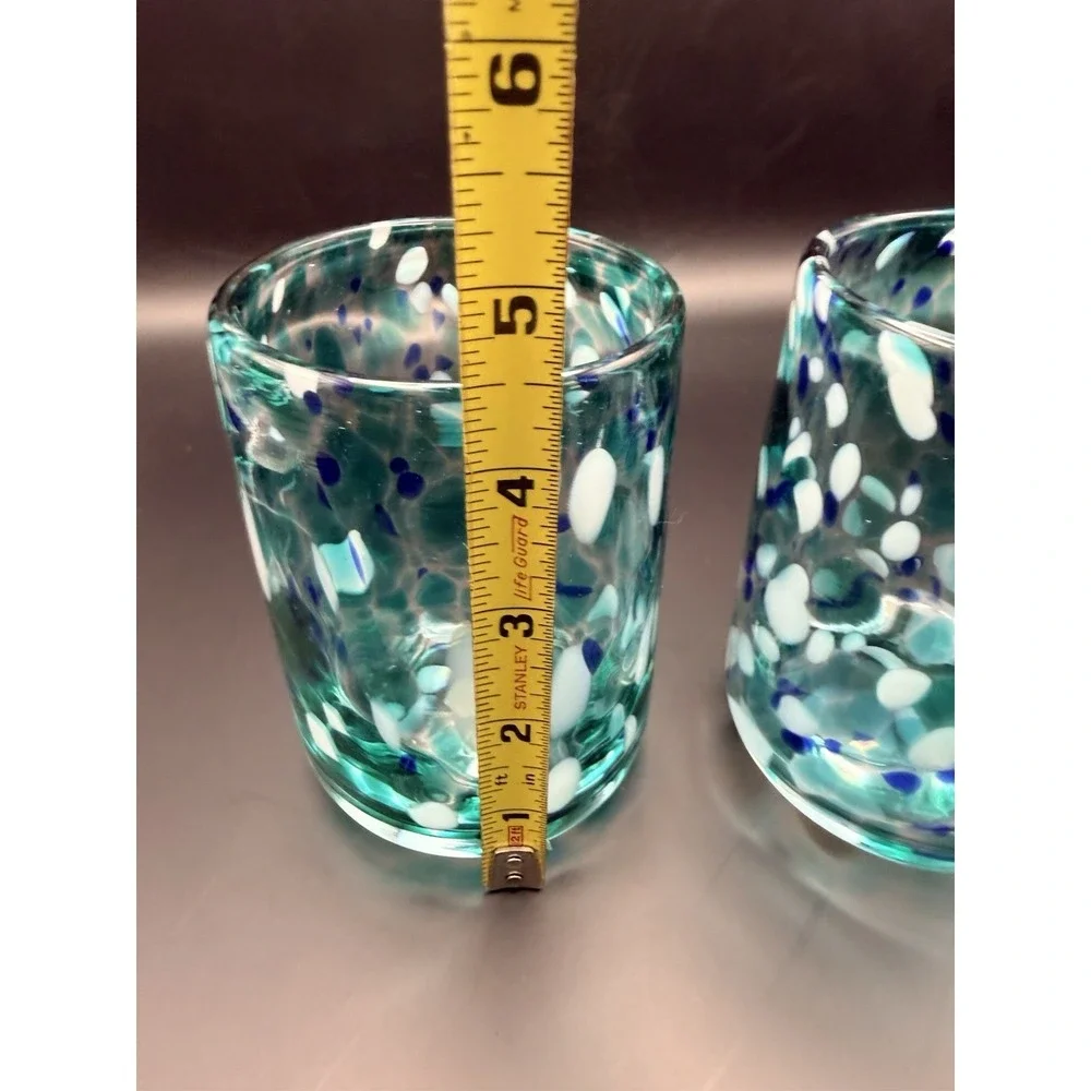 Vintage‎ Hand Blown Art Glass Tumblers Set of 2 Blue Green Confetti Coastal
